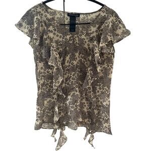 Vintage Y2K Silk Kenneth Cole Tan Brown Ditzy Floral Ruffle Tendril Blouse